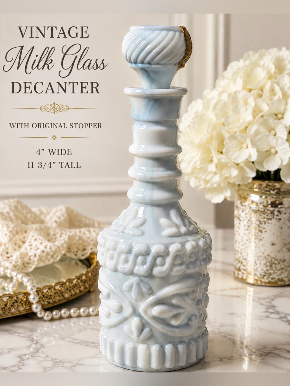 VINTAGE WHITE MILK GLASS DECANTER WITH ORIGINAL STOPPER – EMBOSSED FLORAL DESIGN